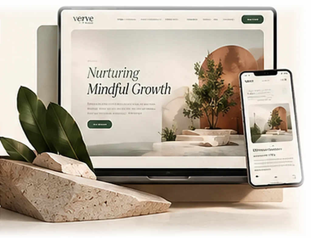 Concept project: a calm wellness-consultant website shown on a laptop and a phone, beside travertine and leaves