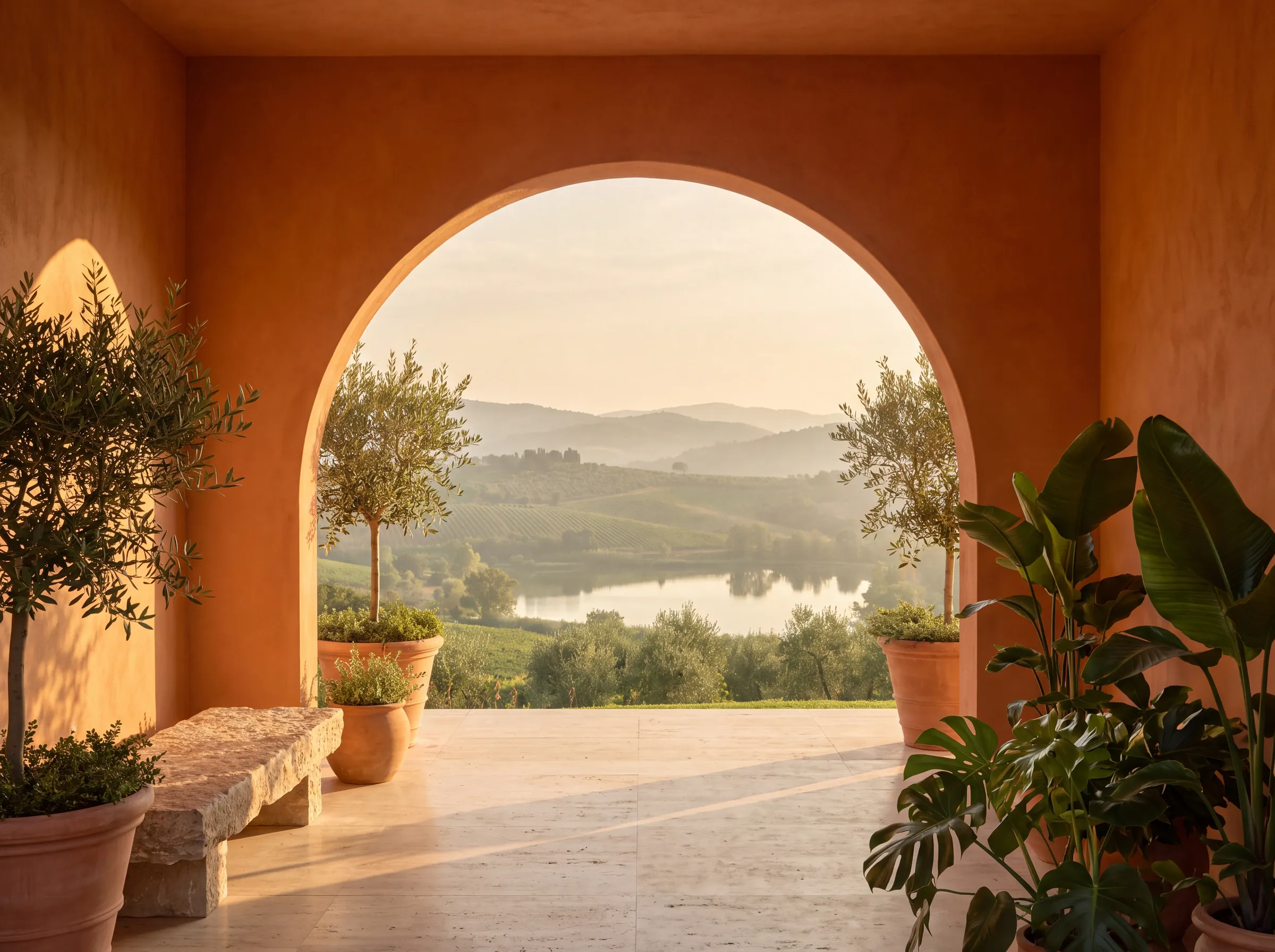 A terracotta arch opening onto green hills and a lake, framed by olive trees