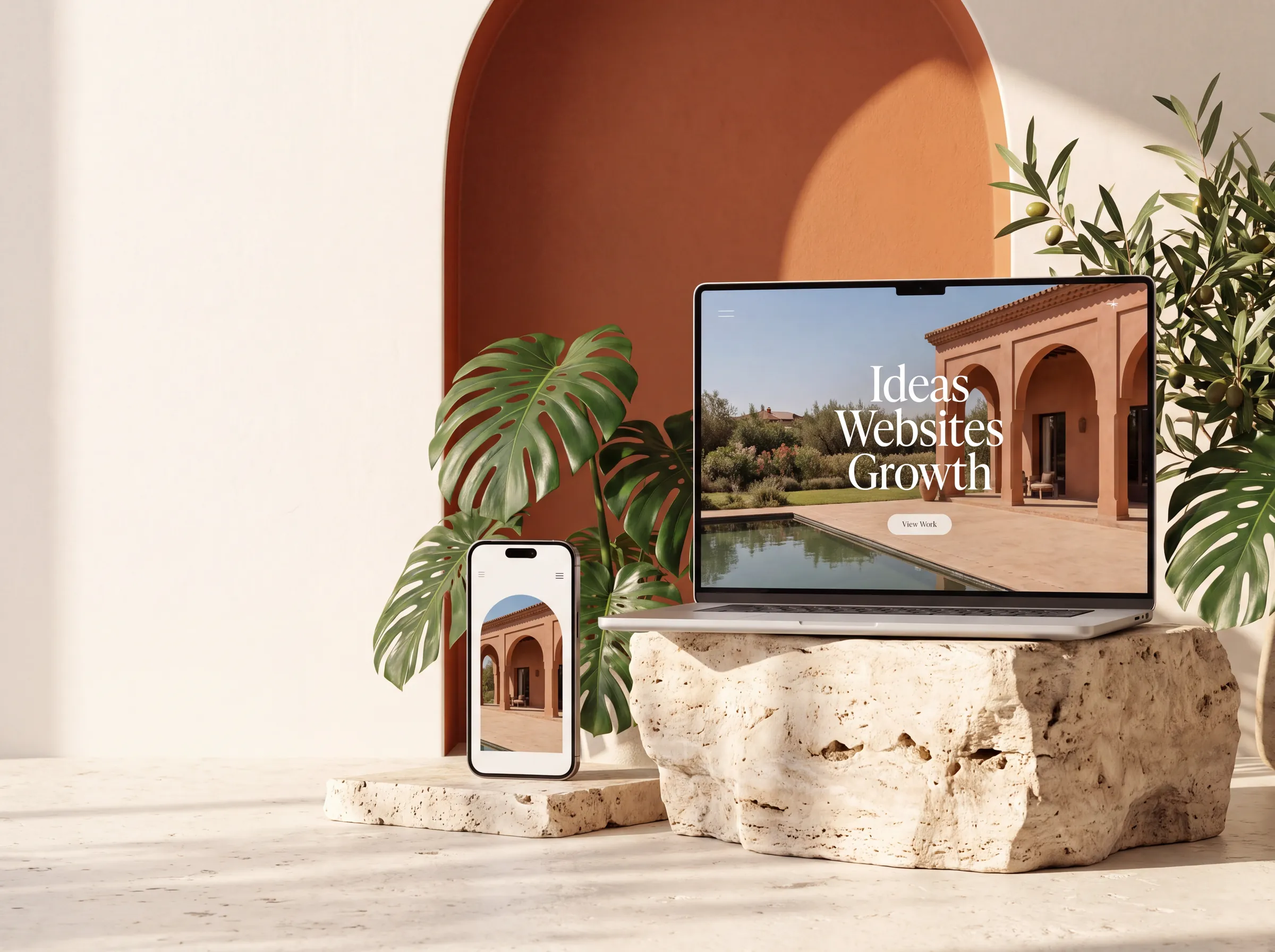 A laptop and phone showing a PixCraft website, set on travertine stone beneath a terracotta arch with greenery