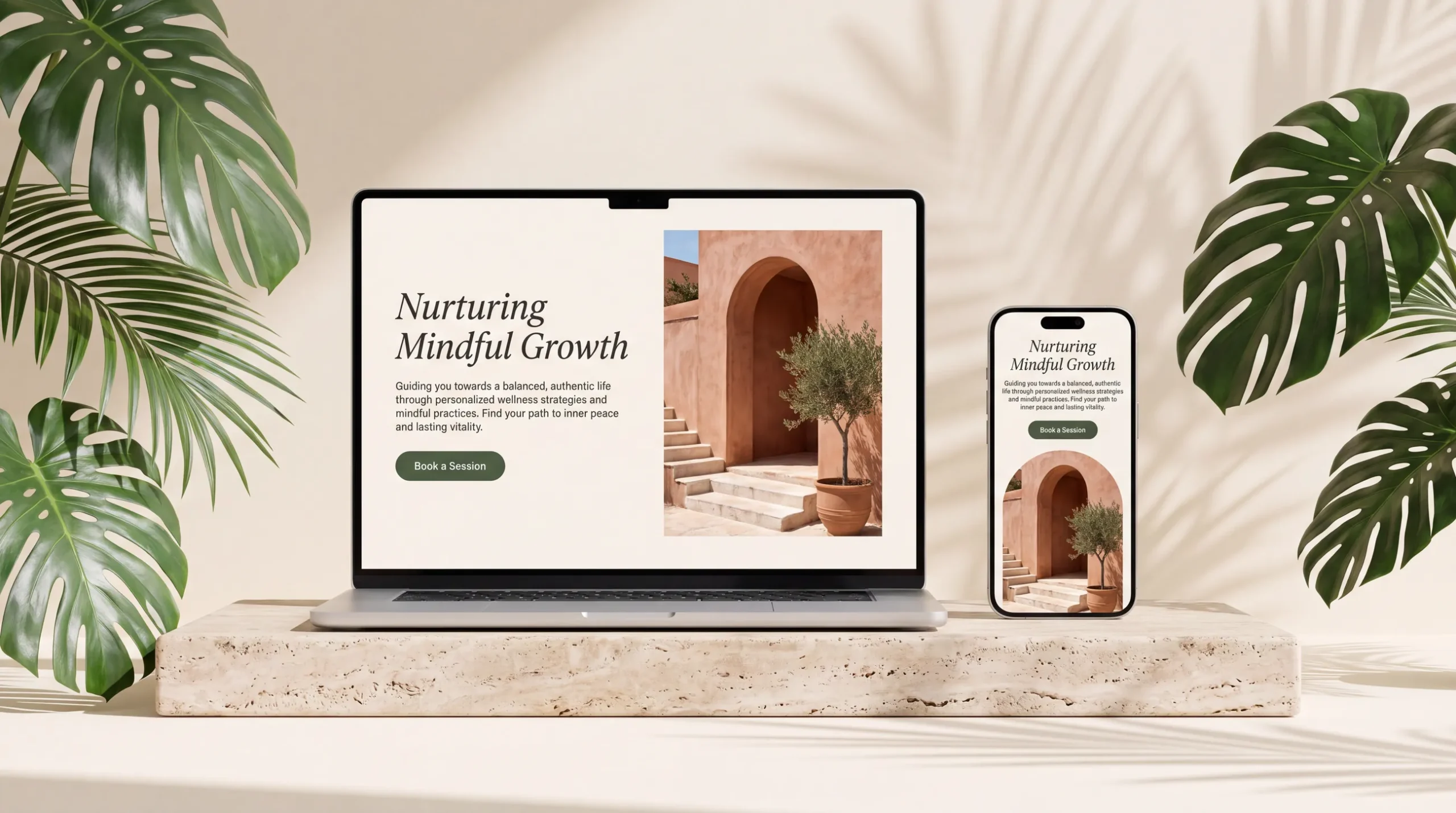 Concept project: a wellness consultant website shown on a laptop and a phone, set on travertine with tropical leaves